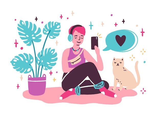 Vecteur jeune blogueuse assise sur le sol et prenant un selfie à la maison. fille créant un nouveau contenu pour le blog, créant un nouveau message sur les réseaux sociaux. illustration vectorielle en style cartoon plat.