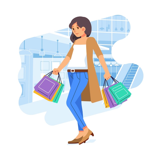 Jeune bonheur joyeux accro au shopping femme élégante à la mode dans un centre commercial portant des sacs à provisions