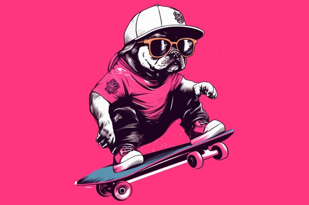 Un jeune bouledogue noir dans un chapeau et des lunettes chevauche une planche à roulettes sur fond rose Illustration vectorielle