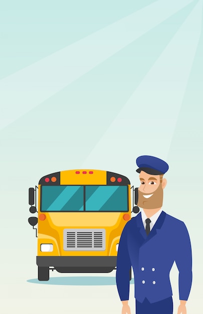 Vecteur jeune chauffeur de bus scolaire caucasien.