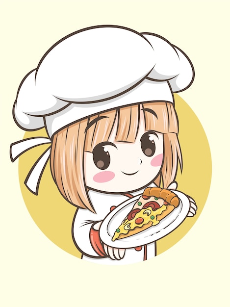 Vecteur jeune chef tenant une tranche de pizza