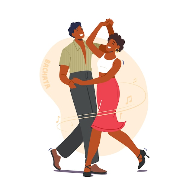 Vecteur jeune couple dancing bachata dance man and woman dancers partners characters perform on stage or practicing