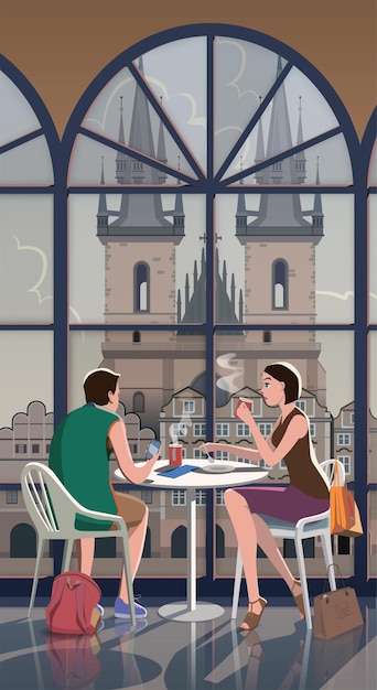 Vecteur un jeune couple avec du café est assis à une table devant l'église de prague sur la vieille place.