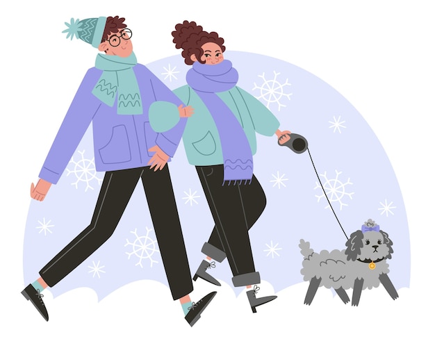 Jeune Couple Marchant Avec Un Petit Chien En Hiver