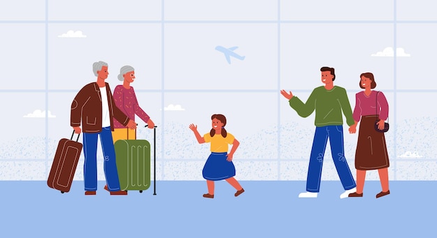 Un jeune couple marié et leur fille rencontrent les grands-parents âgés à l'aéroport
