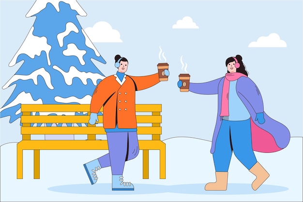 Jeune Couple Portant Des Vêtements D'hiver Et Tenant Du Café Chaud Dans Le Parc Activités Hivernales Saisonnières Personnages De Dessins Animés Avec Contour Peut être Utilisé Pour Le Modèle De Page De Destination Affiche D'application Mobile Web Ui