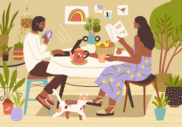 Vecteur jeune couple profitant de passer du temps libre à la maison. homme surfant sur internet ou travaillant avec un ordinateur portable, femme lisant un livre. petit-déjeuner tranquille et concept de vie lente. illustration vectorielle plane colorée