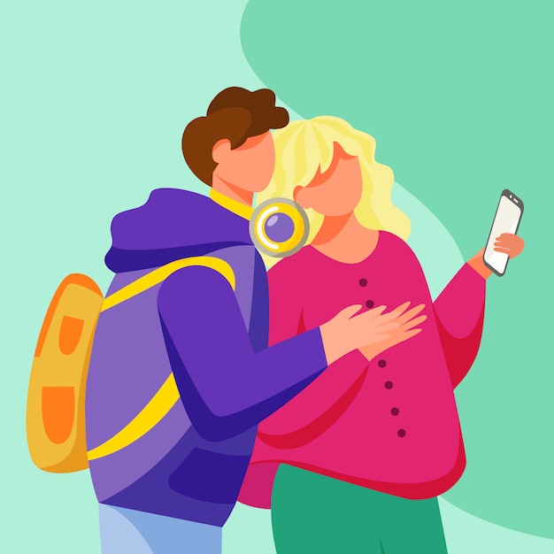 Jeune couple à la recherche d'illustration vectorielle plane smartphone écran.