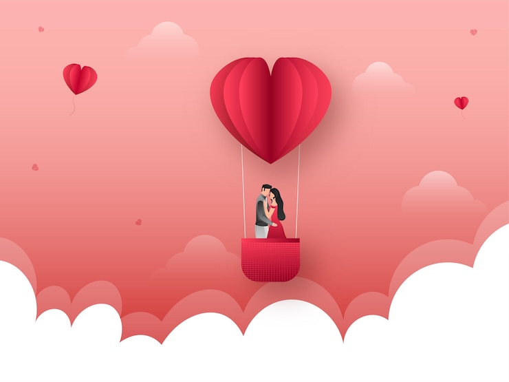 Vecteur jeune couple romantique en forme de coeur papier ballon à air chaud sur fond de nuages rouges et blancs
