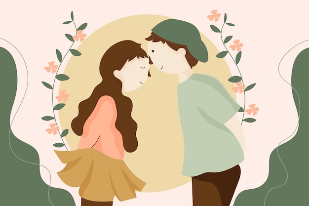 Jeune Couple S'embrassant Belle Main Colorée Dessiner Illustration Belle Fleur Plate Illustration Vectorielle