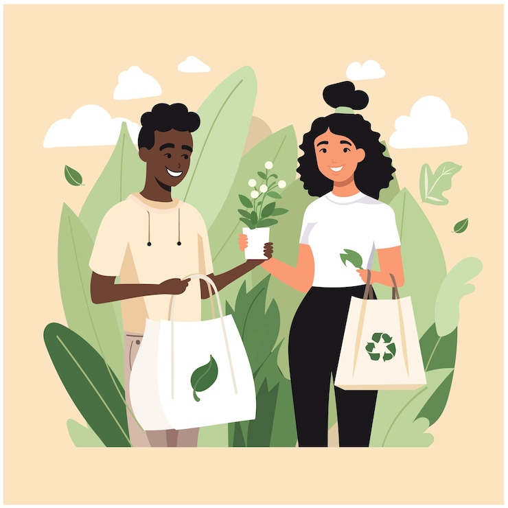 Vecteur jeune couple avec des sacs de recyclage transportant des plantes