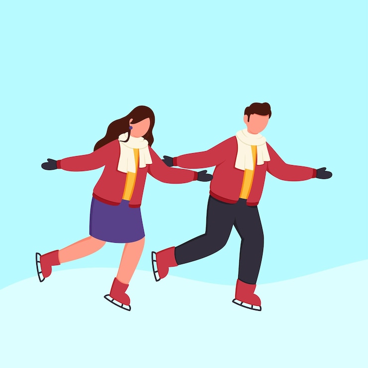 Vecteur jeune couple sans visage patinage sur glace ensemble sur fond turquoise.