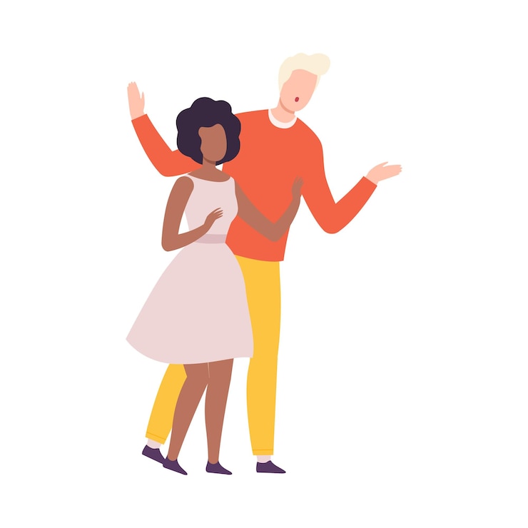 Vecteur un jeune couple se parle et fait des gestes d'illustration vectorielle de style plat