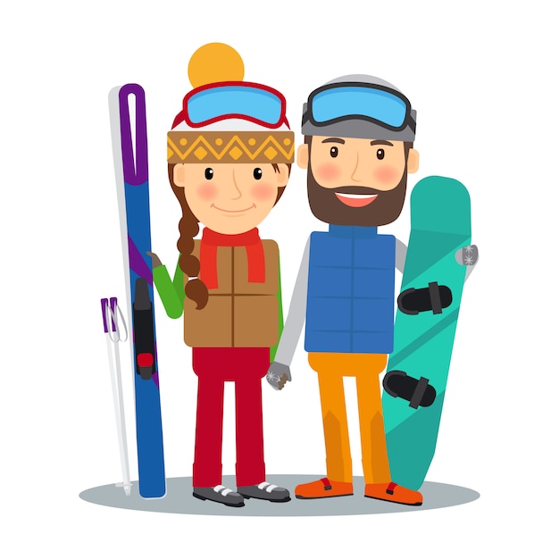 Jeune Couple Avec Ski Et Snowboard