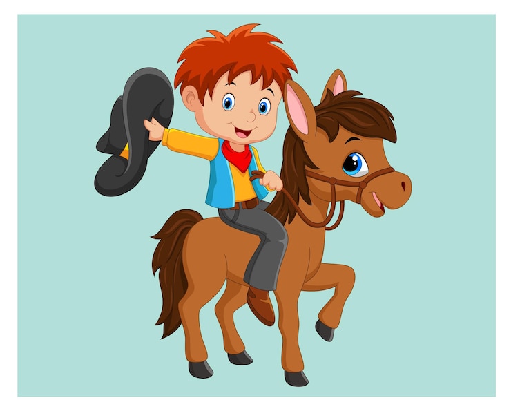 Vecteur jeune cow-boy de dessin animé monté sur un cheval illustration vectorielle