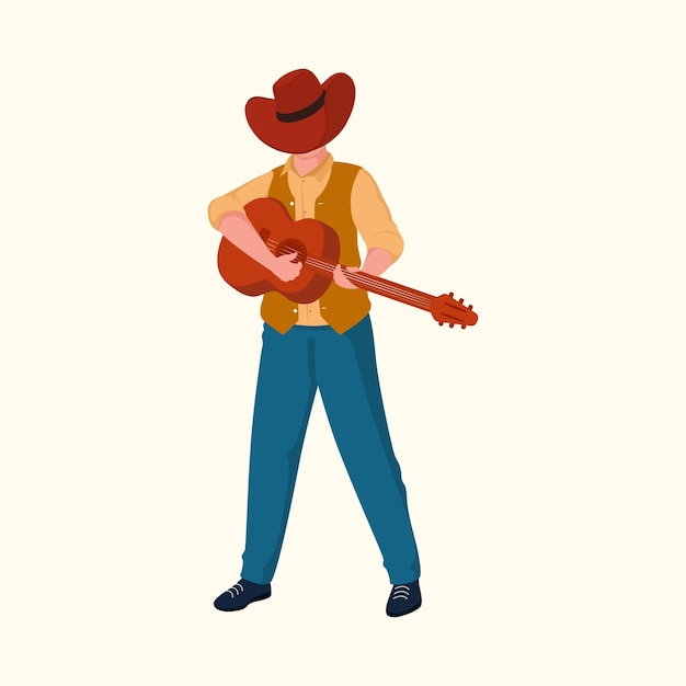 Jeune Cowboy jouant de la guitare sur fond beige