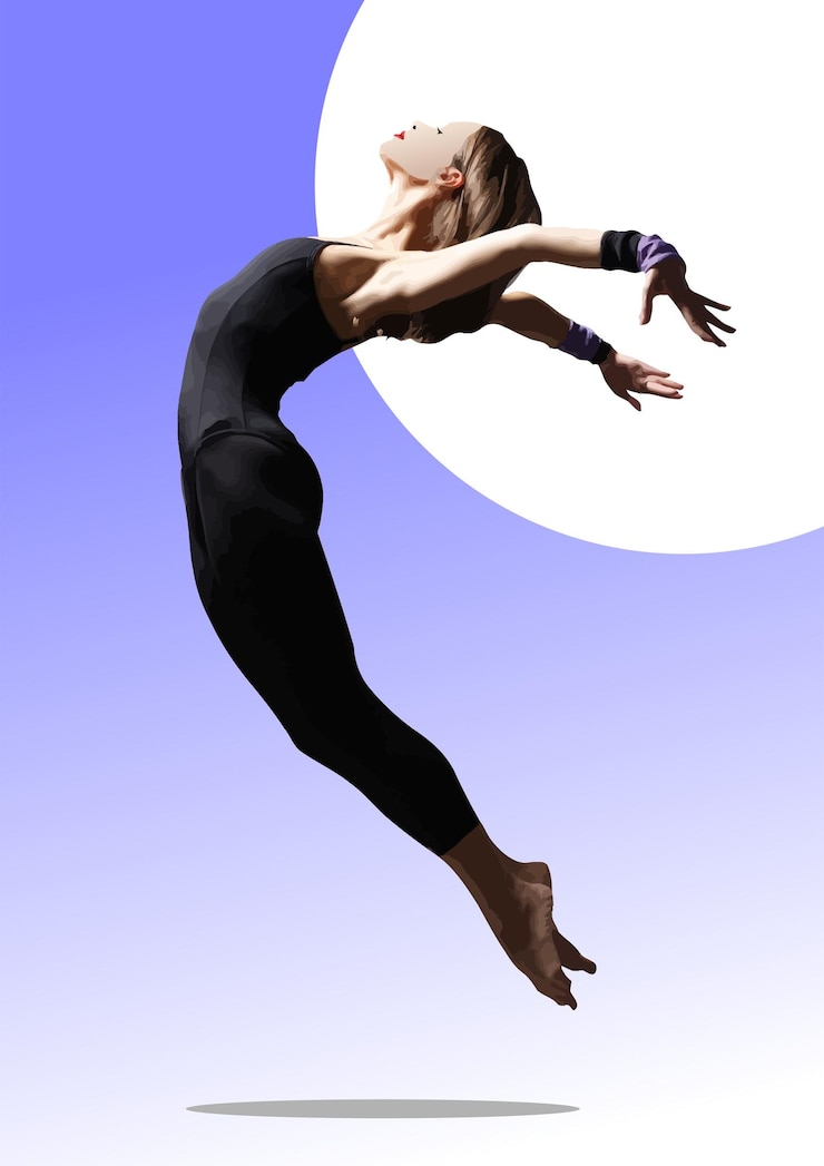 Vecteur une jeune danseuse sautant gracieusement devant un cercle sur un fond bleu.