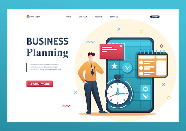 Le jeune entrepreneur planifie le temps pour les affaires remplit le calendrier du mois Caractère 2D plat Concepts de page de destination et conception de sites Web