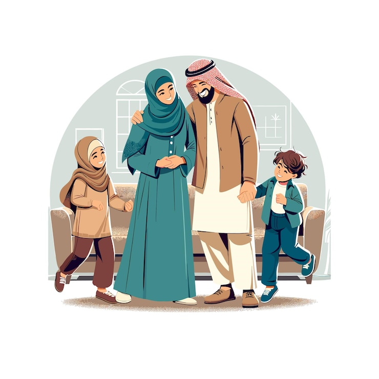Vecteur une jeune famille arabe habillée en vêtements modernes, une famille arabe heureuse et aimante.
