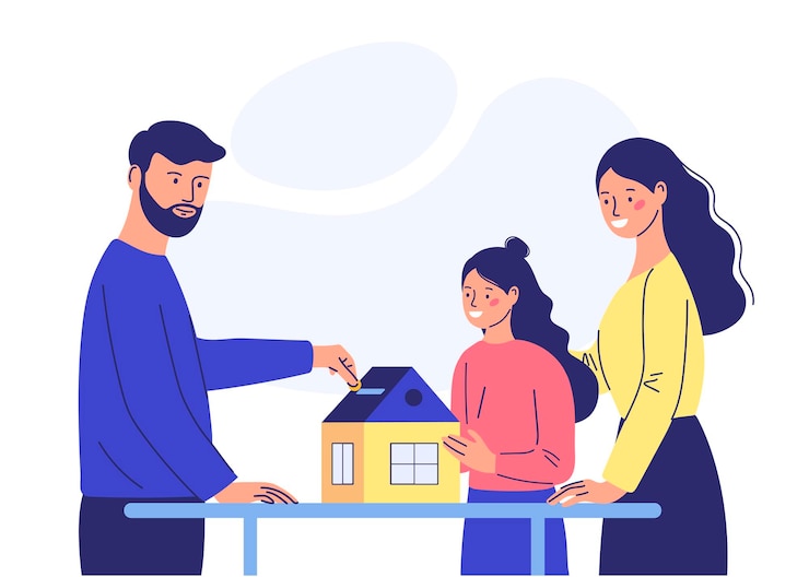 Vecteur une jeune famille jette de l'argent dans une tirelire pour acheter une maison. concept d'achat de maison. style de bande dessinée