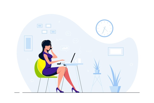 Jeune Femme D'affaires Travaillant Sur Ordinateur Portable Au Bureau Au Bureau. Illustration De Style Plat