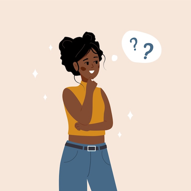 Jeune femme africaine dans le doute Fille intelligente ayant des questions Résolution de problèmes Illustration vectorielle dans le style de dessin animé plat