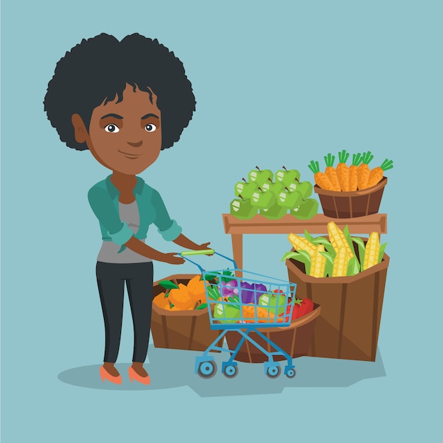 Vecteur jeune femme africaine en poussant un chariot de supermarché.