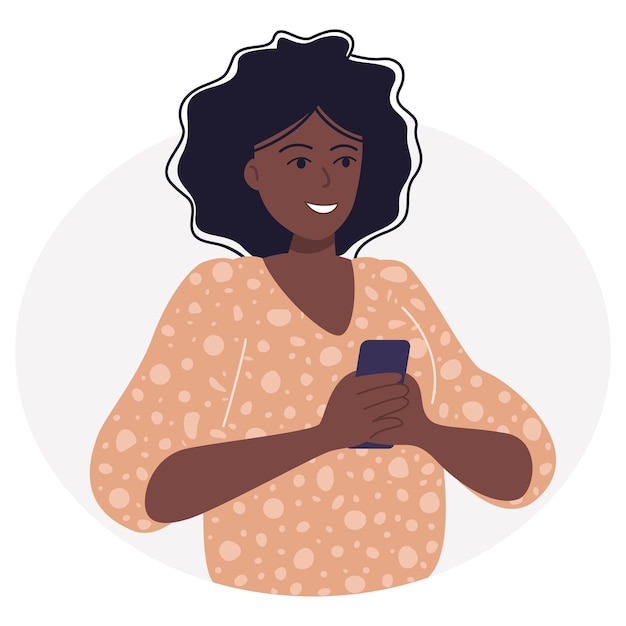 Vecteur une jeune femme afro-américaine heureuse utilise un smartphone pour envoyer des messages