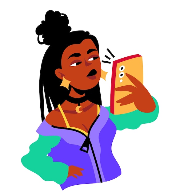 Jeune femme afro-américaine selfie à l'aide d'un téléphone portable illustration vectorielle.