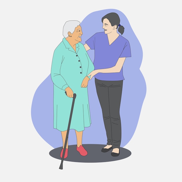 Une jeune femme aide une vieille femme à marcher avec une illustration de vecteur de sourire