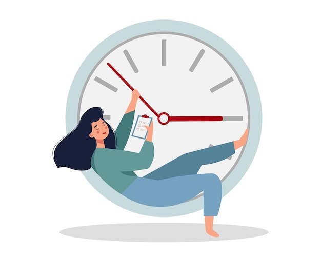 Vecteur jeune femme allongée sur l'horloge, planifiant son temps de travail et se reposant. notion de gestion du temps. la femme organise l'horaire et le temps de travail. illustration vectorielle plate en couleurs bleu et rouge