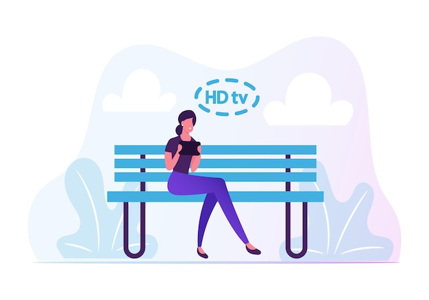 Vecteur jeune femme assise sur un banc avec tablette dans les mains, communiquer en ligne et regarder la télévision hd. illustration plate de dessin animé