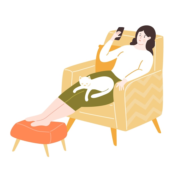 Jeune Femme Assise Sur Une Chaise Jaune Avec Repose-pieds à L'aide D'un Smartphone Et D'un Chat Blanc Illustration Confortable