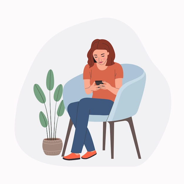 Jeune femme assise sur la chaise avec smartphone Illustration de dessin animé de style plat vecteur