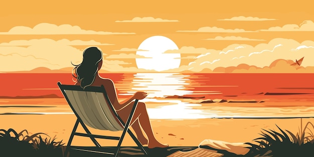 Jeune femme assise dans la chaise longue sur un bord de mer bénéficiant d'une illustration vectorielle coucher de soleil