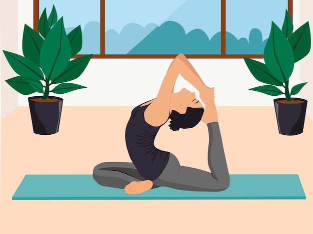 Jeune femme assise dans une posture de yoga. Fille effectuant des exercices d'aérobic et de méditation matinale à la maison.