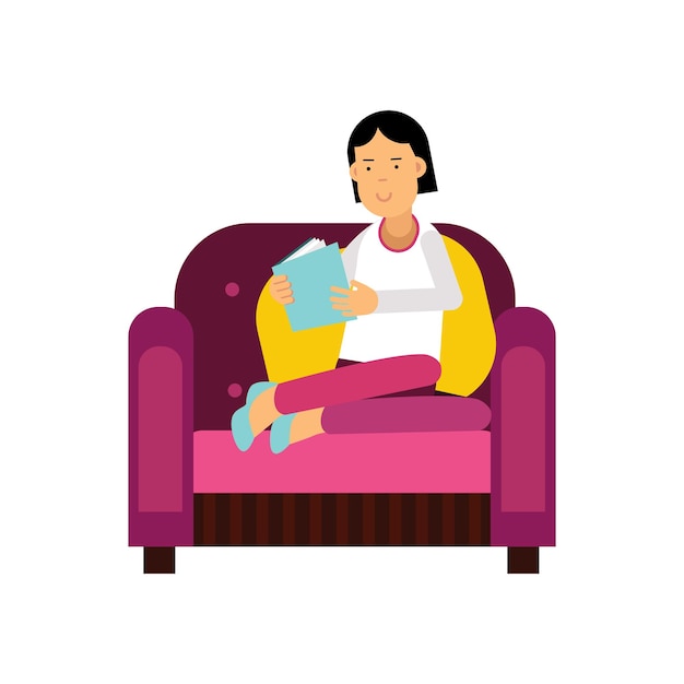 Jeune Femme Assise Sur Un Fauteuil Violet Et Lisant Un Vecteur De Livre Illustration Isolé Sur Fond Blanc