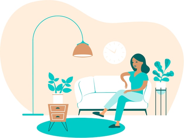 Jeune femme assise à la maison confortable intérieur intérieur plat illustration vectorielle