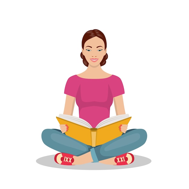 Jeune femme assise sur la pile de livres