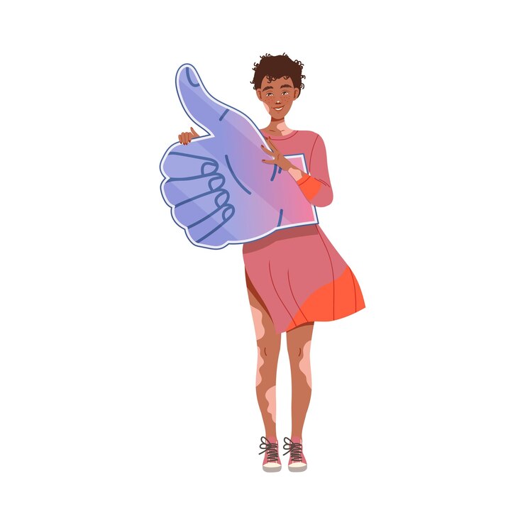 Vecteur une jeune femme atteinte de vitiligo tenant le pouce en l'air signe de notification d'approbation illustration vectorielle