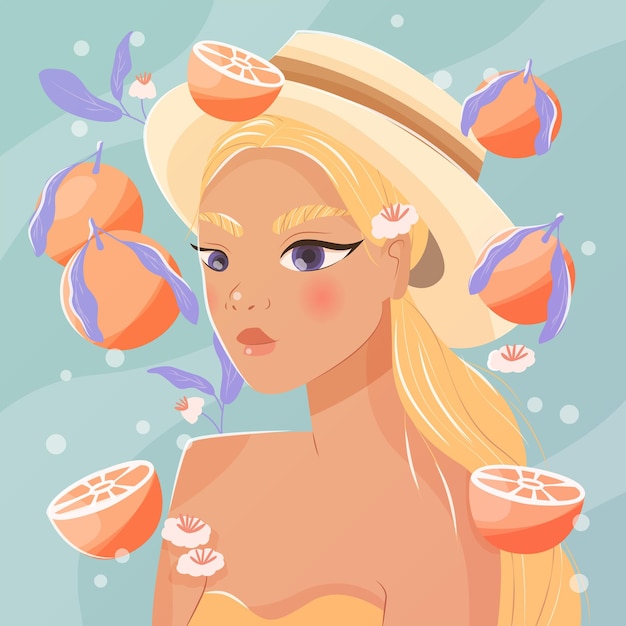 Jeune Femme Aux Longs Cheveux Blonds Chapeau Et Robe D'été Fille Confiante Entourée D'oranges Sur Fond Bleu Clair Illustration Vectorielle Colorée