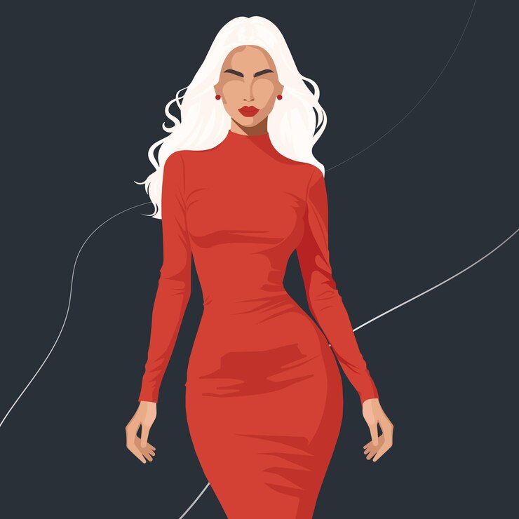 Vecteur une jeune femme blonde dans une robe rouge serrée à manches longues vecteur d'illustration de mode plat