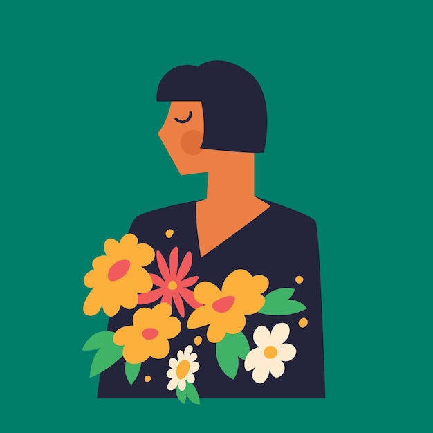 Jeune Femme Avec Un Bouquet De Fleurs Dans Ses Mains Illustration Vectorielle Isolée Pour Les Conceptions De La Fête Des Femmes Ou De La Fête Des Mères Graphique Tendance