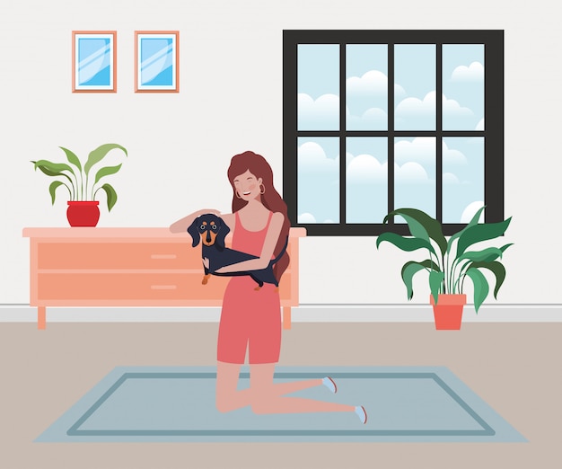 Jeune Femme Avec Un Chien Mignon Dans La Maison