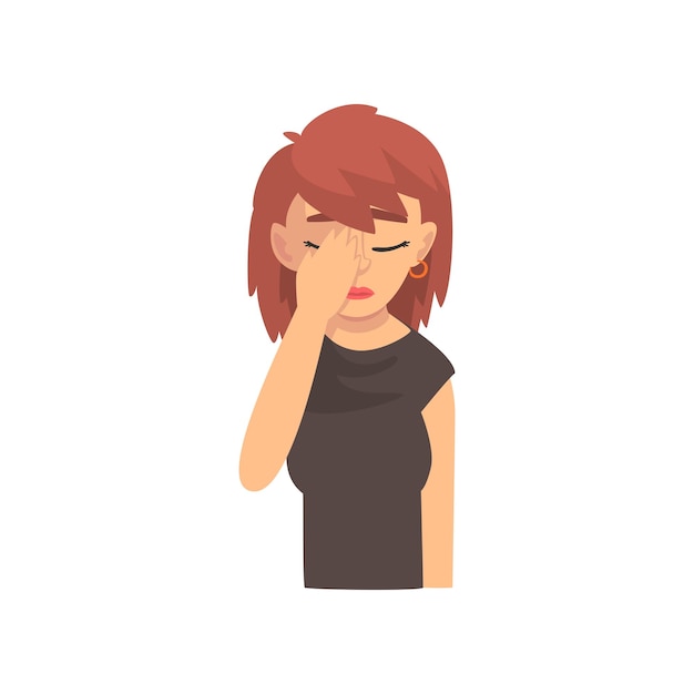 Vecteur jeune femme couvrant son visage avec sa main fille faisant un geste de facepalm honte maux de tête déception émotion négative illustration vectorielle sur fond blanc