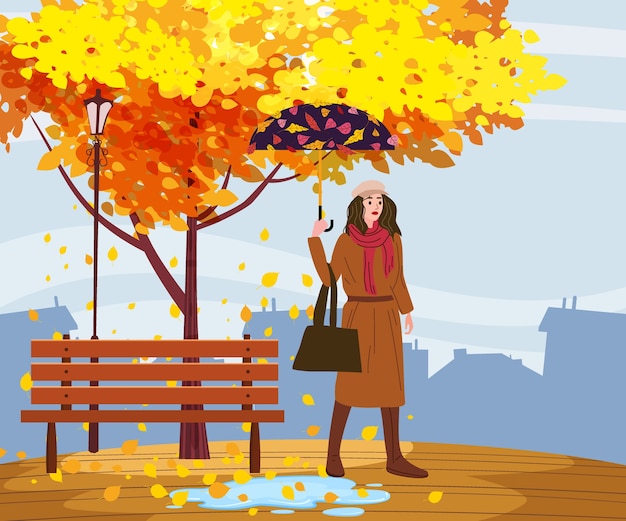 Vecteur jeune femme dans la ville de parc automne avec parapluie, vêtements à la mode rue style à la mode outwear femme