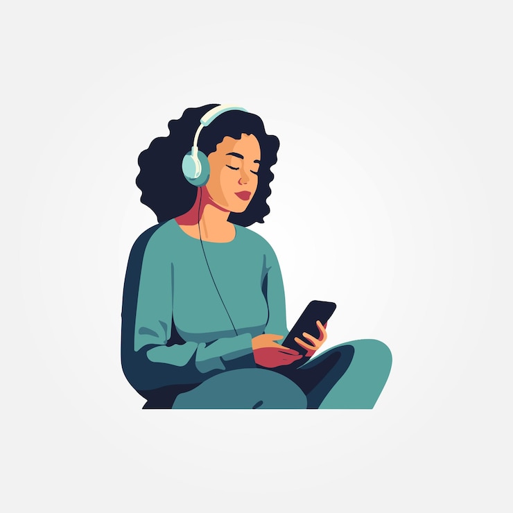 Vecteur une jeune femme écoutant de la musique sur son téléphone portable