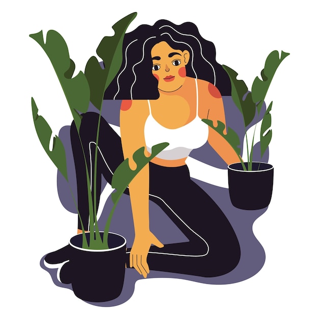 Vecteur une jeune femme est assise parmi les plantes d'intérieur jolie fille à côté de pots de plantes à grandes feuilles illustration vectorielle isolée sur fond blanc