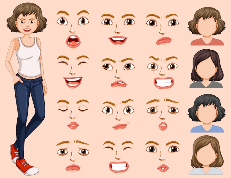 Vecteur une jeune femme avec une expression faciale différente.