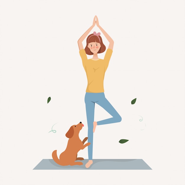 Jeune Femme Faire Des Exercices De Yoga Avec Un Chien En Vacances. Mode De Vie De Caractère Dessiné à La Main.